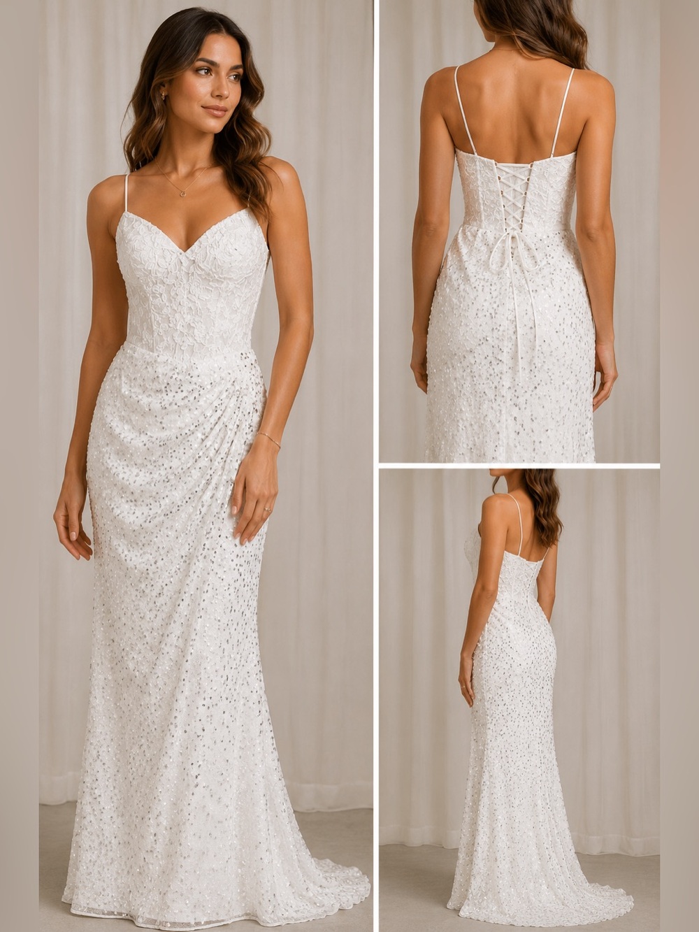 White Sequin Lace Corset Gown Ruched Formal Wedding Dress Size 10